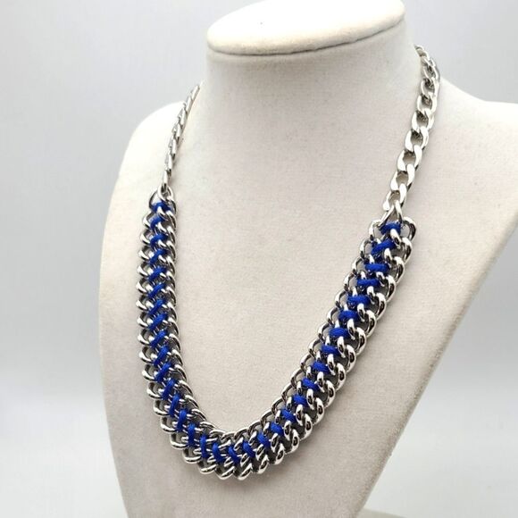 Source Unknown Jewelry - - double chain statement necklace with cobalt blue ribbon thread…